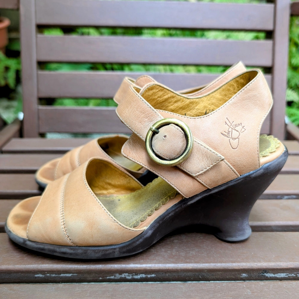 Fluevog Tan Wedge Sandals